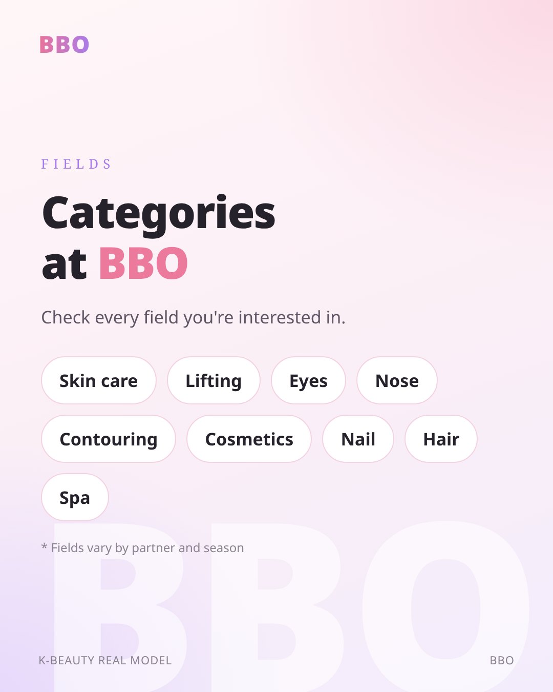 Categories at BBO — Check every field you're interested in.
